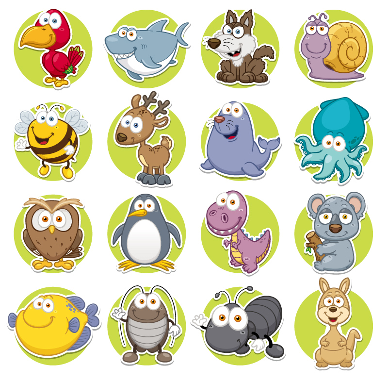 Ronda de 16 dibujos animados icono de material animal vector