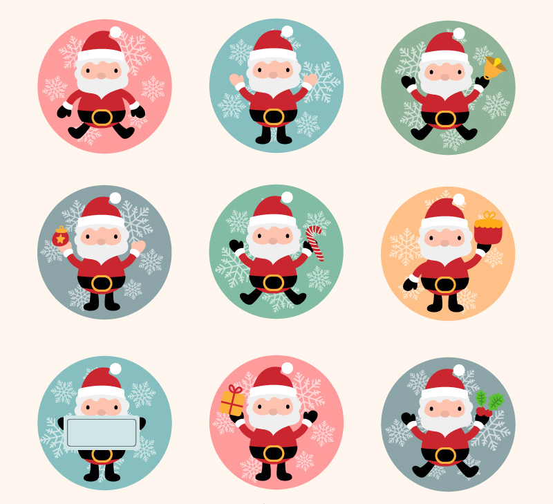 9 circular icono material de vectores de dibujos animados de Santa Claus