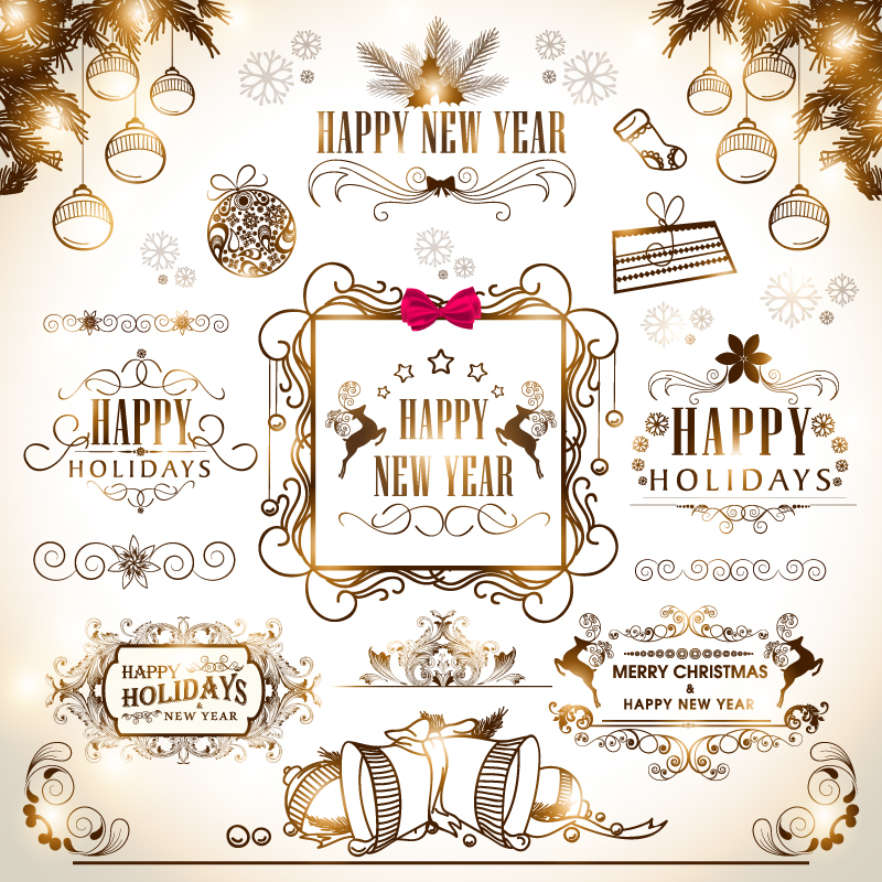 13 modelos de brillo dorado de Navidad etiquetas vector de material