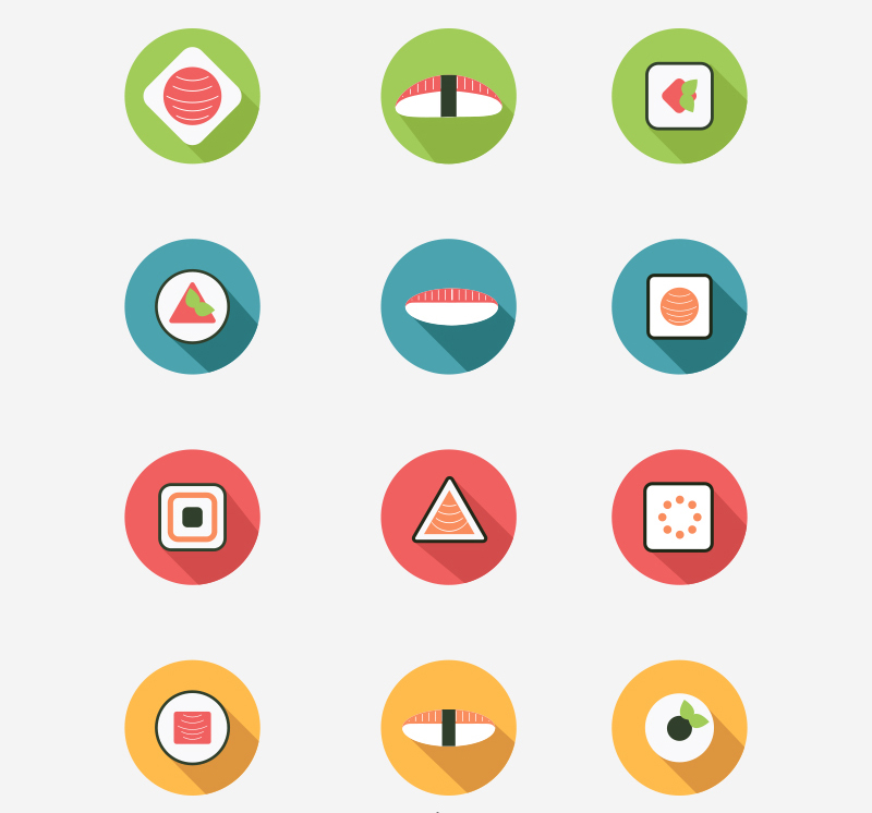 12 sushi ronda icono material de vectores