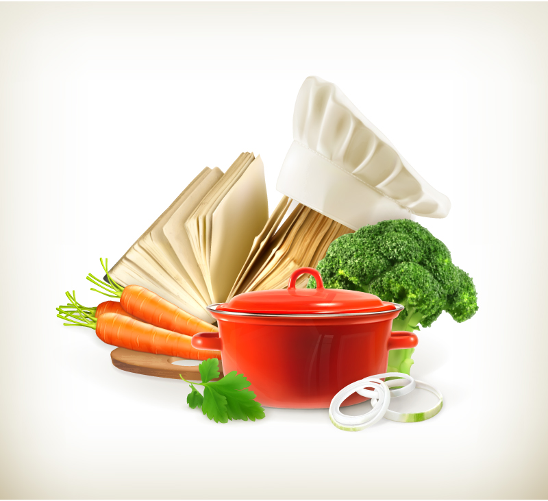 Ingredientes de cocina y herramientas de material de vectores
