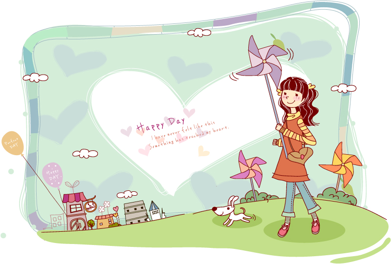Cartoon niña jugando vector material molino de viento