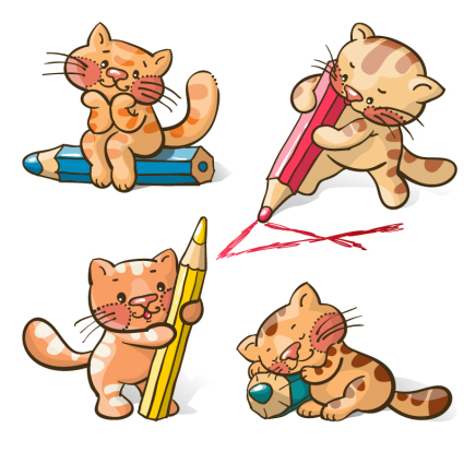 4 gato de dibujos animados con un material de vectores lpiz