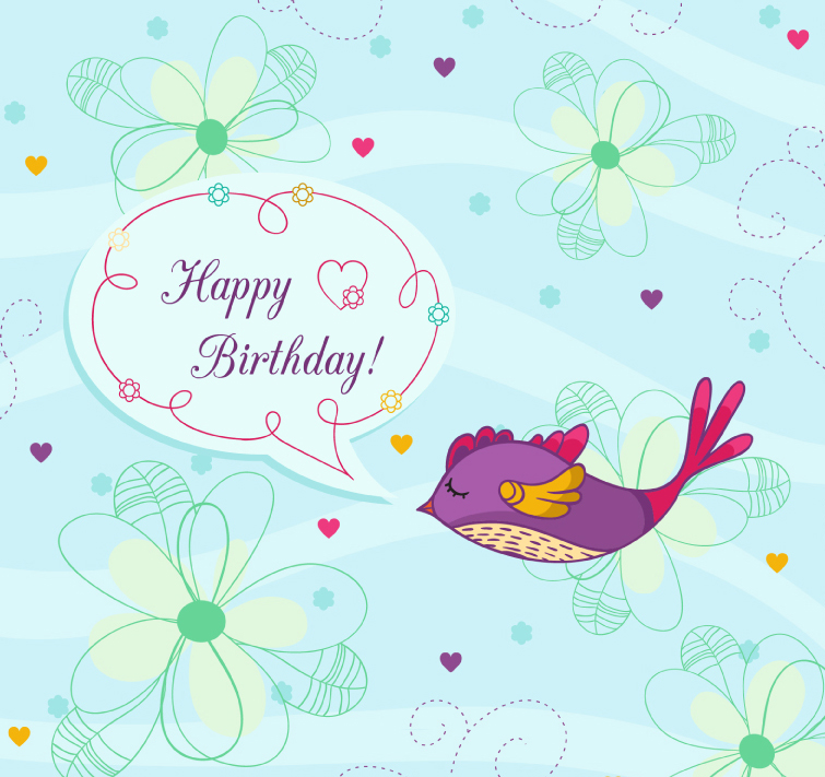 Flores y p¨¢jaros pintados tarjeta de cumpleaños vector material
