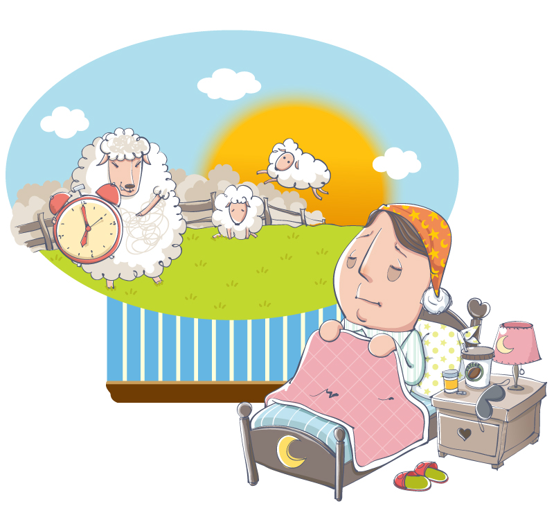 Hombre insomnio Cartoon contar ovejas ilustrador material de vectores