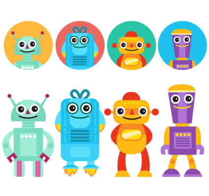 Robot 8 dibujos animados con el material de la cabeza del vector
