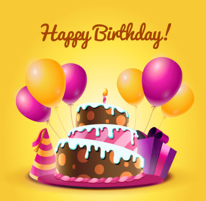 Pastel de cumpleaños de dibujos animados y globos vector de material