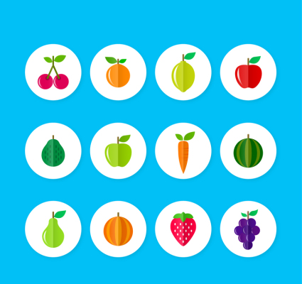 12 frutas planas y verduras vector del icono