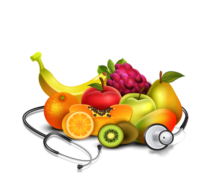 Frutas frescas y el estetoscopio de material de vectores