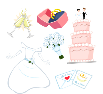 6 Elementos del vector de la boda de dibujos animados