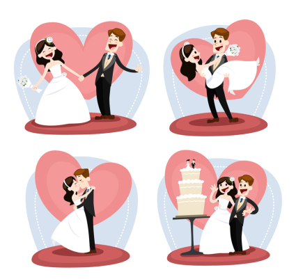 4 de boda vector de material novia y el novio de la historieta
