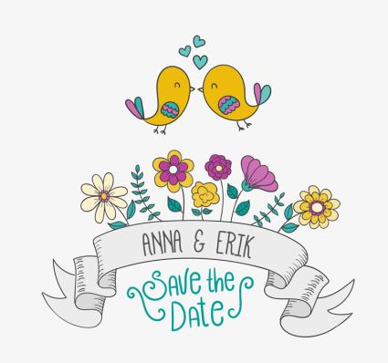 Flores y p芍jaros de la boda de dibujos animados del cartel de invitaci車n de vectores