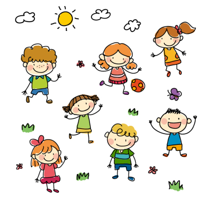 7 niños jugar pintado del vector