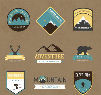 9 etiqueta creativa aventura en la montaña del vector