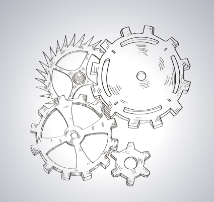 Engranajes conjunto material de diseño vectorial pintado a mano