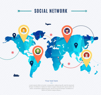 Red social de material mapa del mundo vector