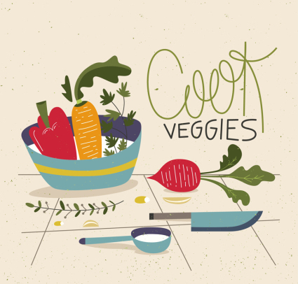 Verduras de color y utensilios de cocina vector de material
