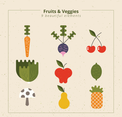 9 frutas y verduras de diseño vectorial abstracto
