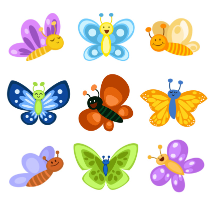9 material vector de la mariposa de la historieta