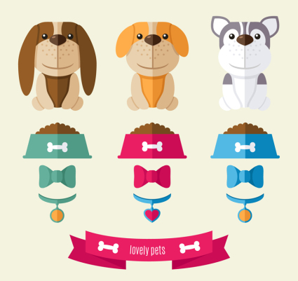 3 perros y alimentos para mascotas mascota del vector