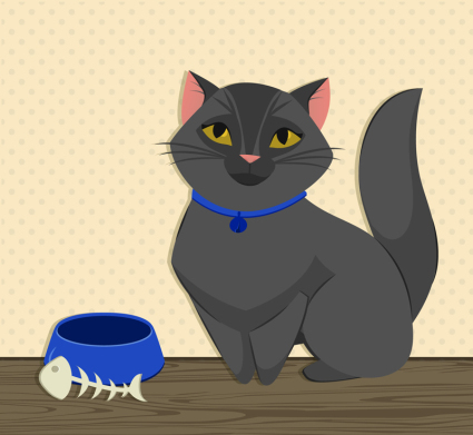 Gato negro lindo y huesos de pescado material de vectores