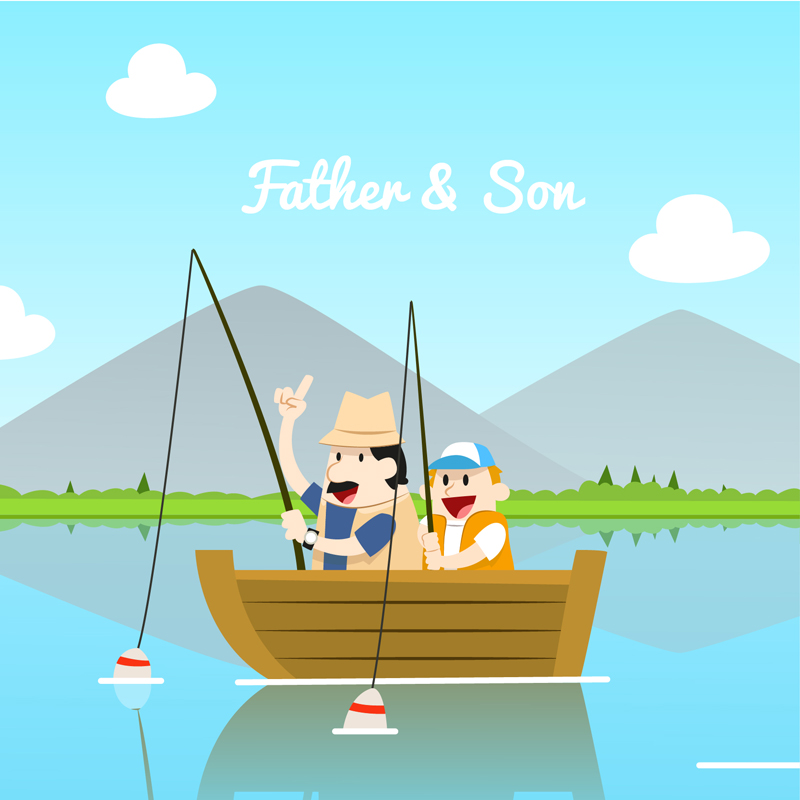 Padre e hijo de dibujos animados vector material de pesca