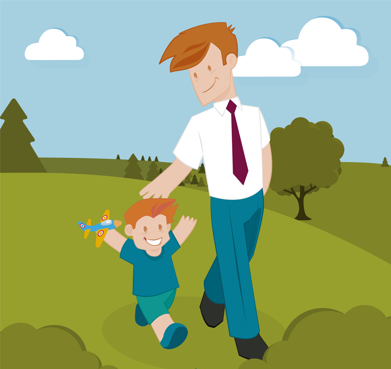 Padre e hijo caminando en las afueras de material de vectores