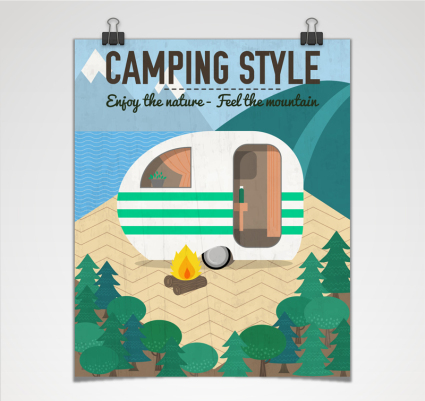 RVs acampar material de cartel vector de la historieta