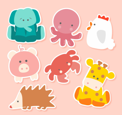 Siete animales lindo material de vectores pegatinas