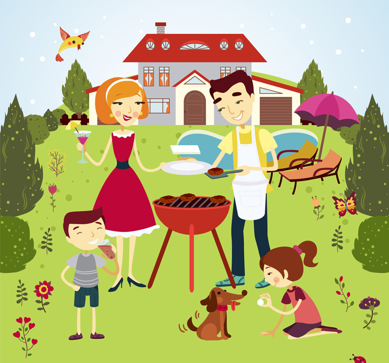 barbacoa al aire libre de la familia de cuatro miembros de material de vectores