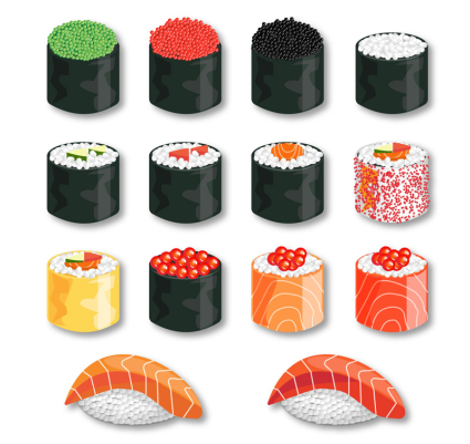 14 delicioso sushi material de vectores