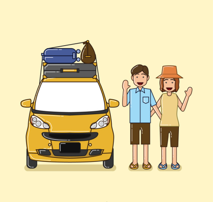 pareja creativa que viajan en coche material de vectores