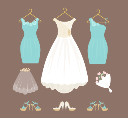 Vestido de novia blanco y material de vectores vestido de dama