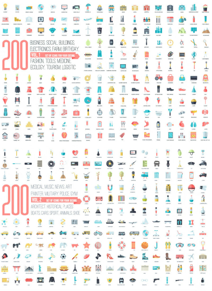 200 tipos de art¨ªculos para el hogar icono material de vectores