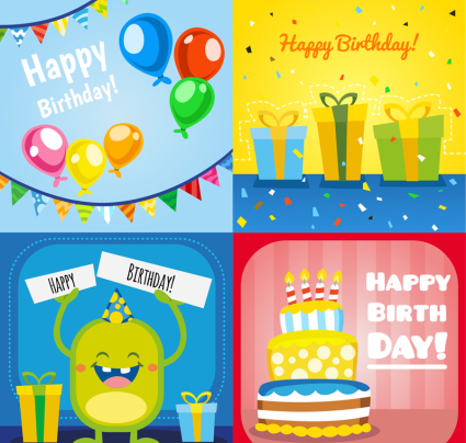 4 cuadrados de cumpleaños de dibujos animados tarjeta de material vector