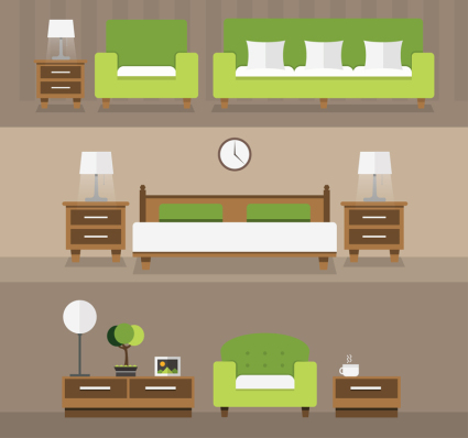 3 grupos de muebles verdes muebles de diseño elegante material de vectores