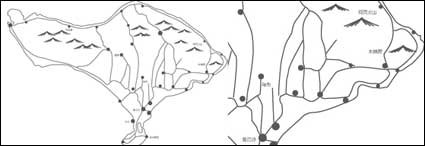 personajes de Ruta de Bali Mapa de la isla mapa de la lnea de dibujo vectorial material no aumenta
