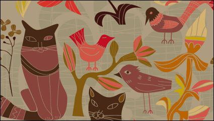 Los pjaros decorativos de estilo de dibujos animados y los gatos 01 - vector