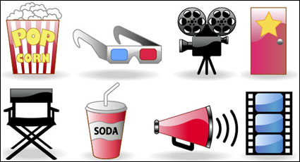 Entradas de cine, palomitas de maz, gafas, cmara, iconos vectoriales