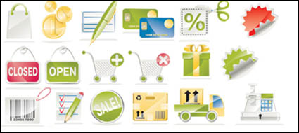 Bolgrafos, tarjetas bancarias, tarjetas de crdito, cerrado abierto, los cdigos de barras, caja registradora Vector