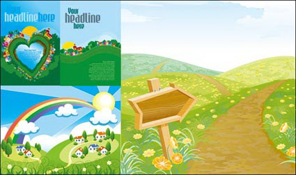 De primavera, sol, nubes, arco iris, casa, vector de csped