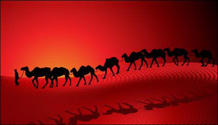 Caravana de camellos del desierto Silueta puesta de sol de fondo vectoriales Roja