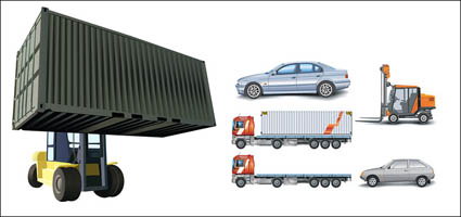 Coches, camiones de contenedores, el levantamiento de camiones, coches grandes, vector de montacargas